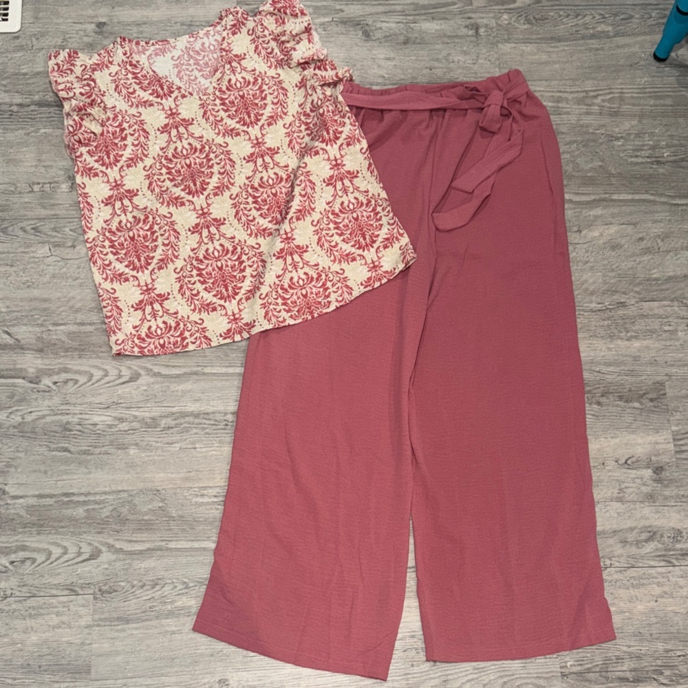 Women's Pink Wide-Leg Pants with Adorable Patterned Cream and Pink Top